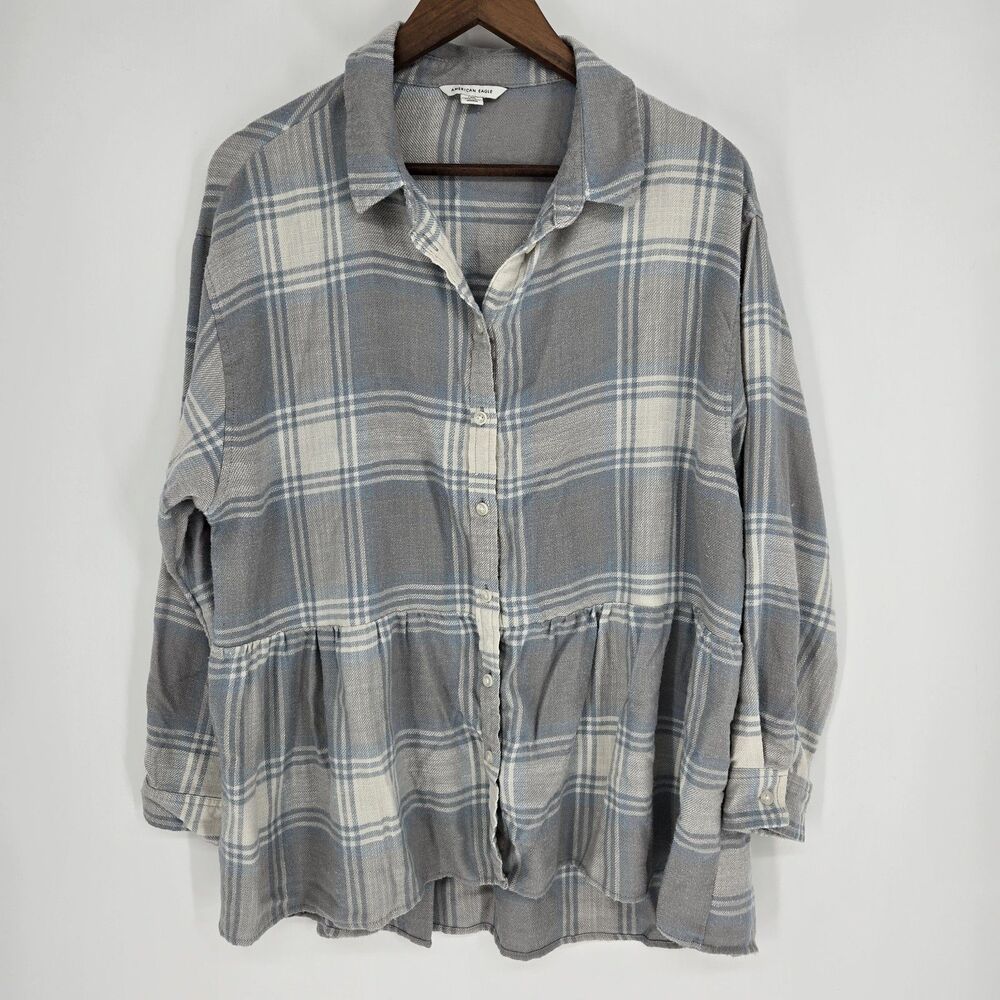 American Eagle Plaid Button Front Large Peplum